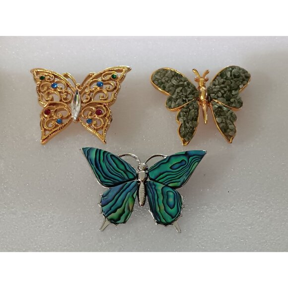 Set Of 3 Butterfly Brooch Pins With Gold & Silver Tones Gemstone & Rhinestone Em - Picture 1 of 5